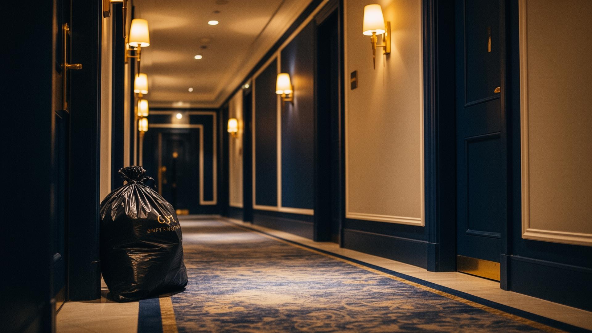 Tied trash bag waiting for valet pickup outside an apartment door in a luxury hallway